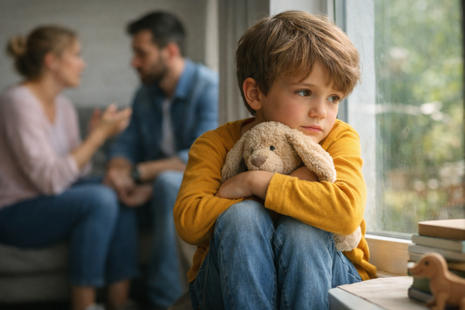 Nachdenkliches Kind sitzt am Fenster und hält ein Stofftier, während Eltern im Hintergrund sprechen – Symbolbild für ein hochsensibles Kind, das Stimmungen intensiv wahrnimmt.