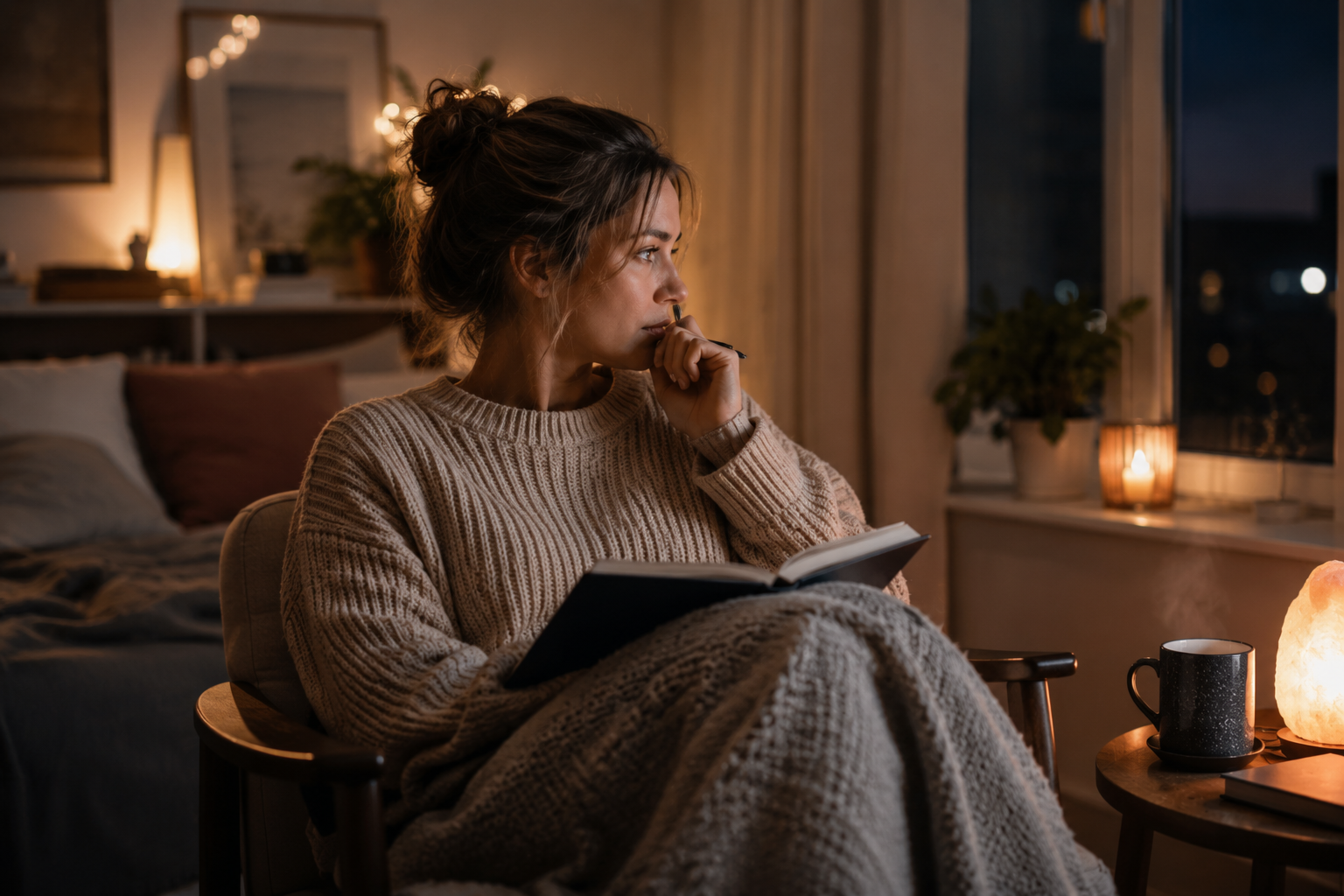 Nachdenkliche Frau sitzt am Abend mit einem Notizbuch in einem gemütlich beleuchteten Raum und blickt aus dem Fenster – Sinnbild für innere Verarbeitung und Schlafprobleme bei Hochsensibilität.