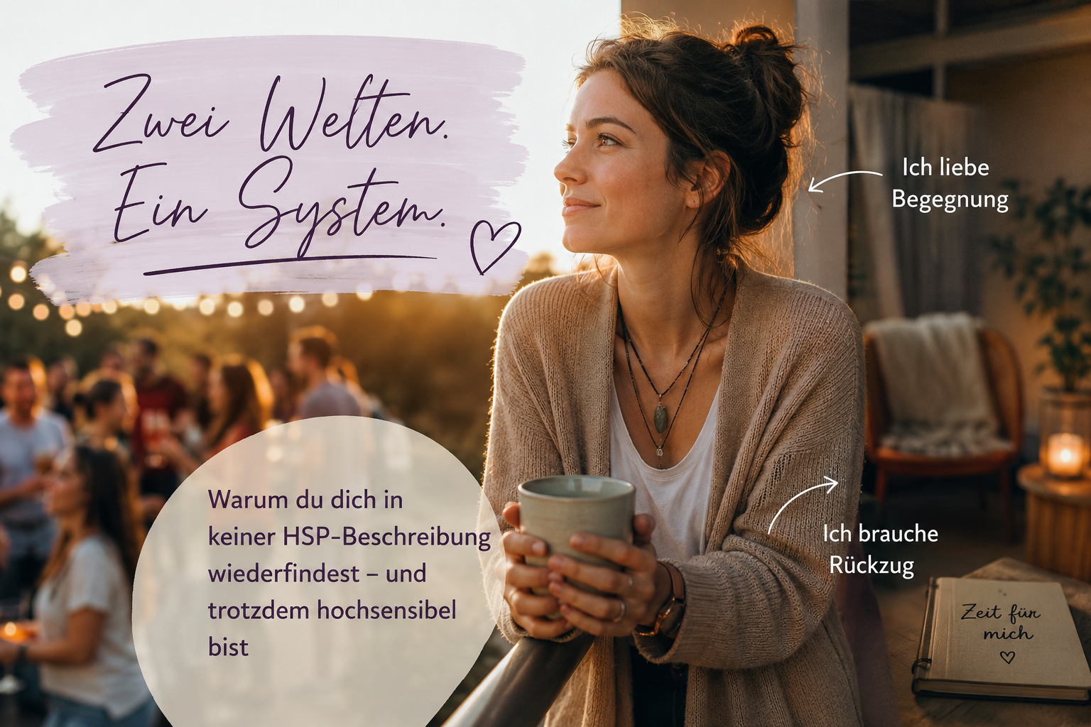 Frau zwischen lebendigem Austausch und ruhigem Rückzug – Symbol für hochsensible extrovertierte Menschen (HSE)