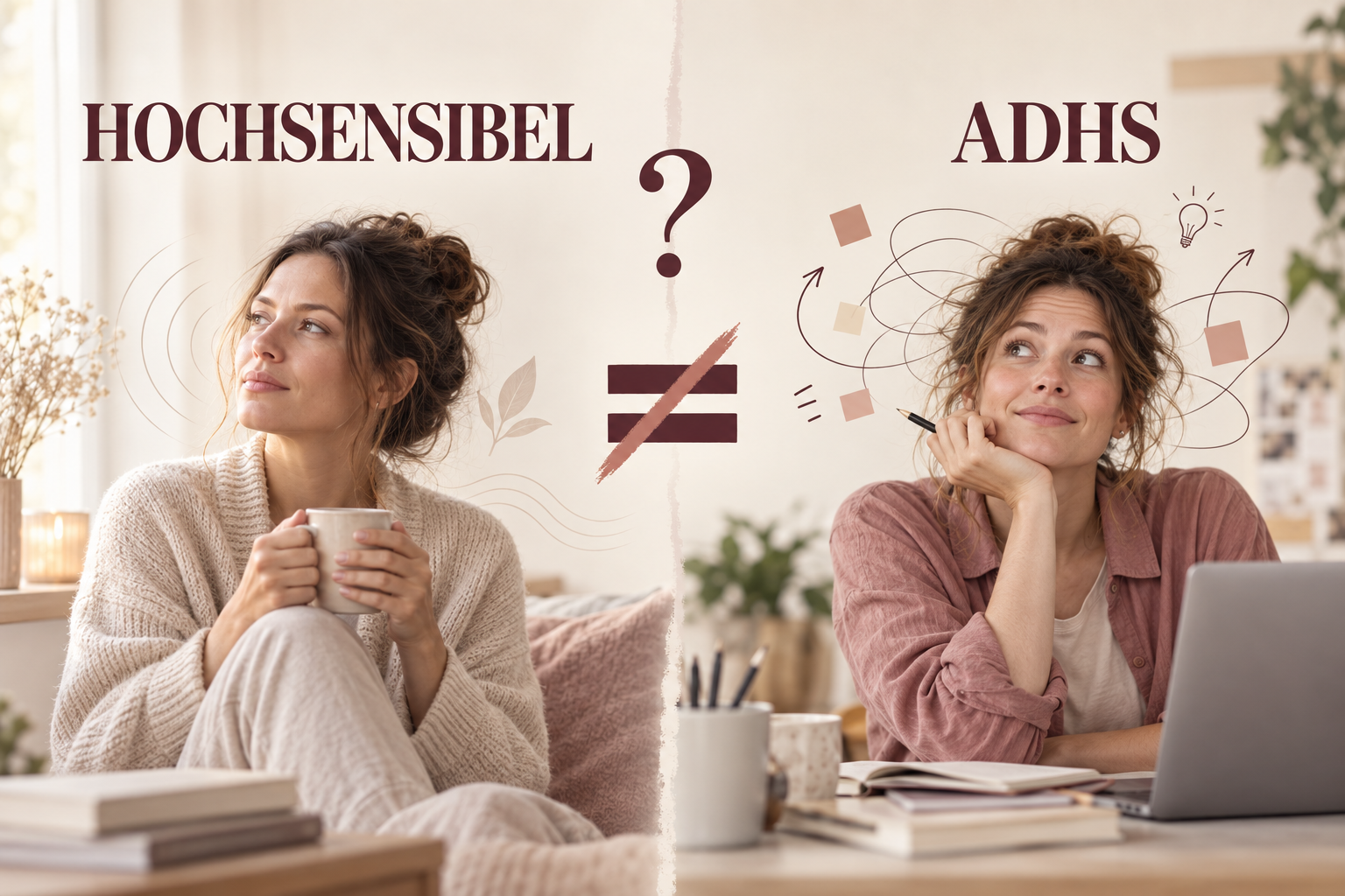 Gegenüberstellung von Hochsensibilität und ADHS: links eine entspannte Frau mit Kaffeetasse, rechts eine Frau am Schreibtisch mit wirbelnden Gedankenlinien, in der Mitte ein durchgestrichenes Gleichheitszeichen