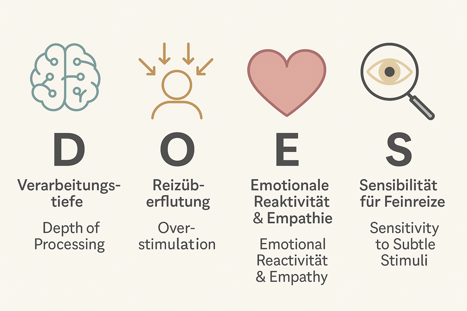 Illustration des Akronyms DOES für Hochsensibilität: D – Verarbeitungstiefe mit Gehirn-Icon, O – Reizüberflutung mit Figur und Pfeilen, E – Emotionale Reaktivität & Empathie mit Herz, S – Sensibilität für Feinreize mit Lupe und Auge.