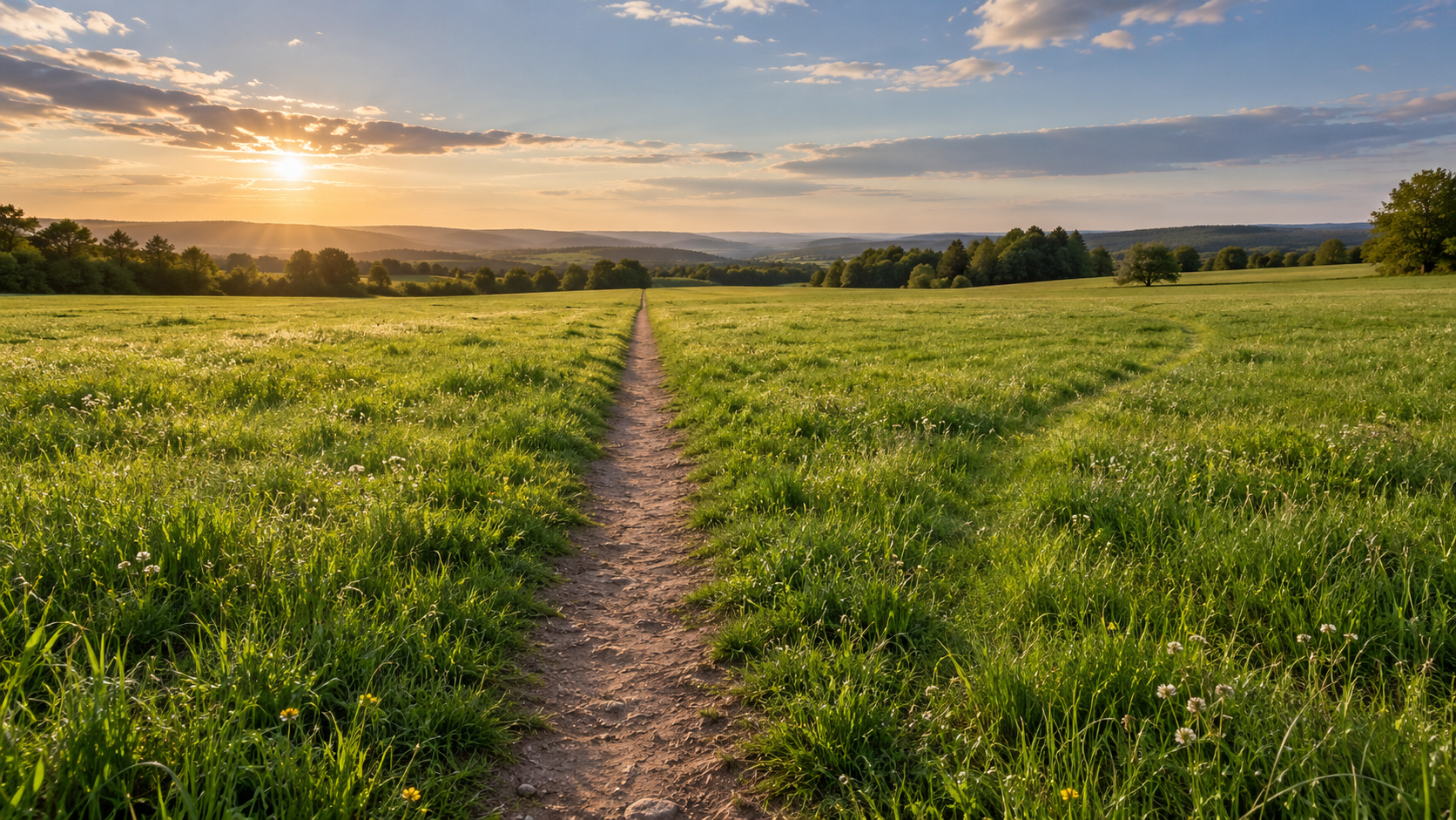 Ein schmaler, festgetretener Weg führt durch eine grüne Wiese zu bewaldeten Hügeln; links steht die Sonne tief unter einem teilweise bewölkten Himmel.