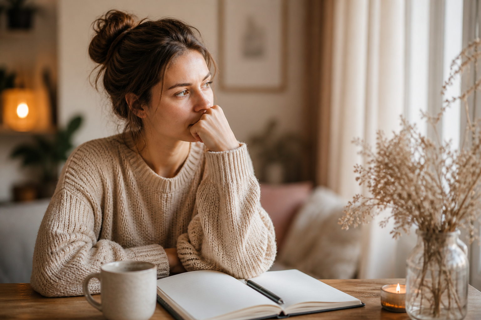 Frau sitzt nachdenklich am Tisch mit Notizbuch und Tasse, schaut aus dem Fenster und wirkt innerlich angespannt, Symbol für Schwierigkeiten beim Nein sagen und innere Überforderung