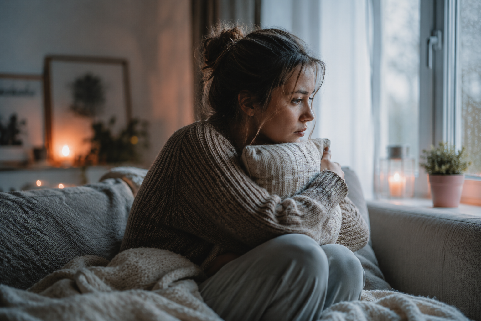 Nachdenkliche Frau sitzt abends mit einem Kissen auf dem Sofa und blickt ruhig aus dem Fenster – Sinnbild für emotionale Überforderung und Hochsensibilität.