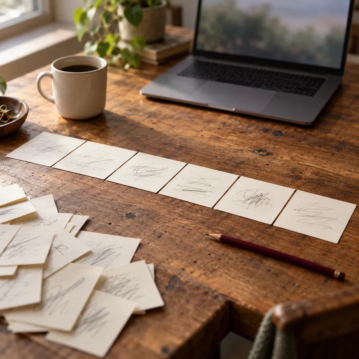 Notizkarten in einer klaren Reihe auf einem Holztisch neben losen Zetteln, Kaffeetasse und Laptop – Angebots-Werkstatt für Angebot, Landingpage und sanfte Sales