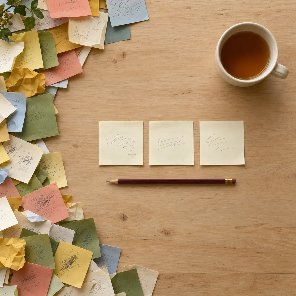 Drei geordnete Notizzettel und ein Bleistift neben vielen beiseitegeschobenen Haftnotizen – Business-Fokus-Workshop für den 90-Tage-Plan