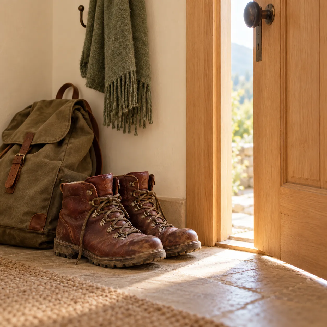 Wanderschuhe und Rucksack an einer geöffneten Haustür – Aufbruch in die 12-Wochen-Coaching-Expedition BASIC