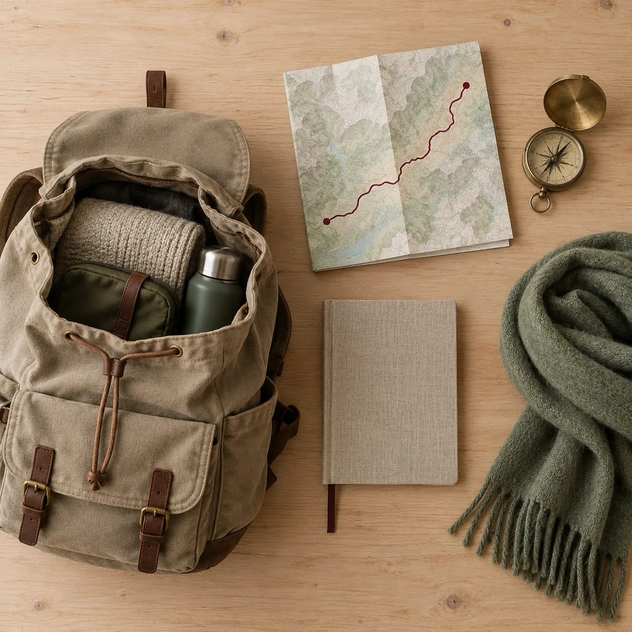 Gepackter Rucksack, Landkarte mit Route, Kompass, Notizbuch und Schal – 12-Wochen-Coaching-Expedition INTENSIV