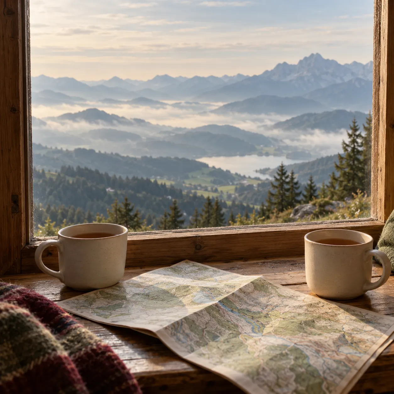 Zwei Teetassen und eine Landkarte am Fenster einer Berghütte mit Blick über die Berge – 12-Wochen-Coaching-Expedition PREMIUM