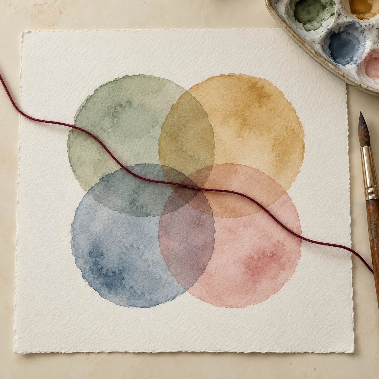 Vier überlappende Aquarellkreise mit einem roten Faden durch die Mitte – Ikigai-Workshop für deinen roten Faden im Beruf
