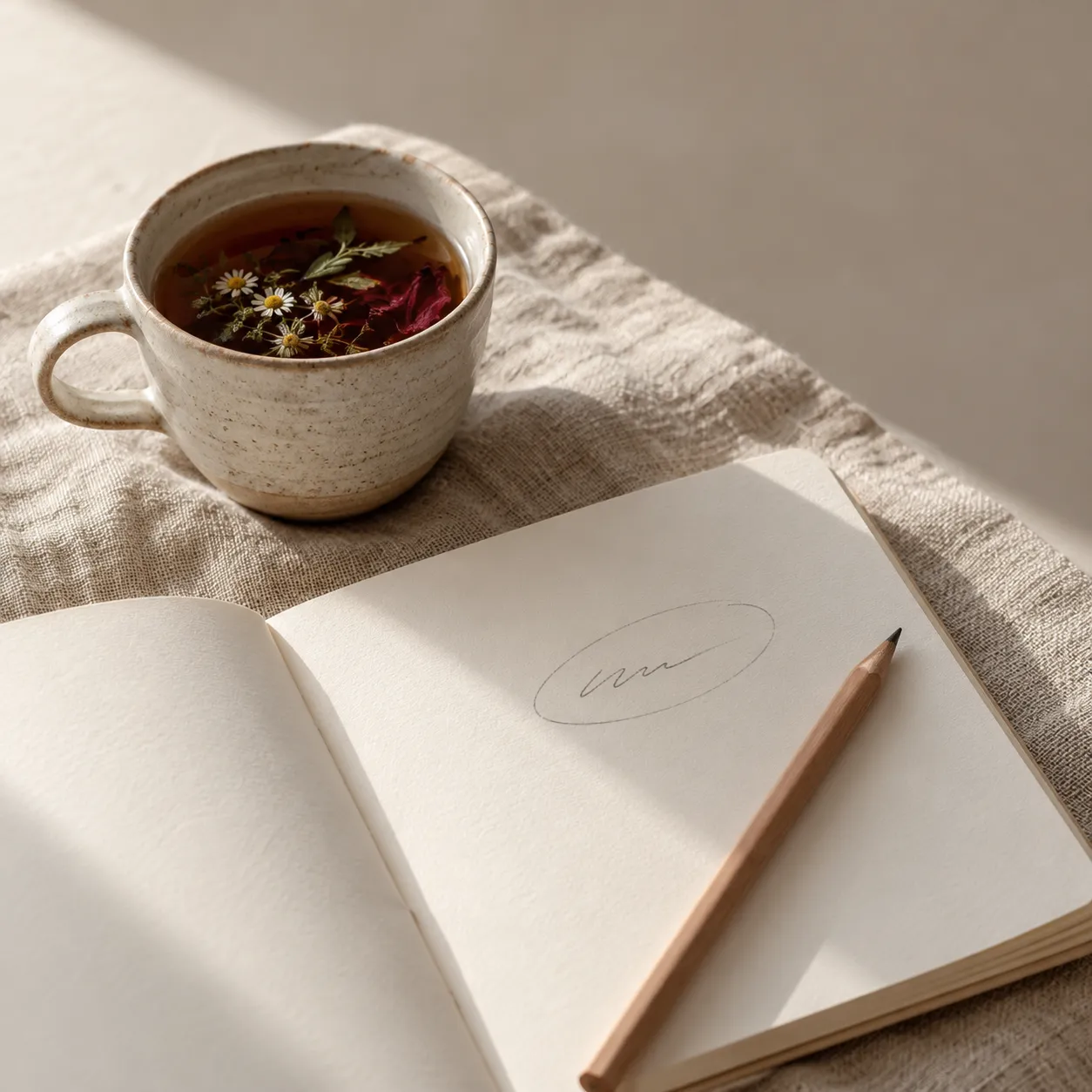 Kräutertee in einer Keramiktasse neben einem offenen Notizbuch mit eingekreister Notiz – Coaching-Session Klarheit in 90 Minuten