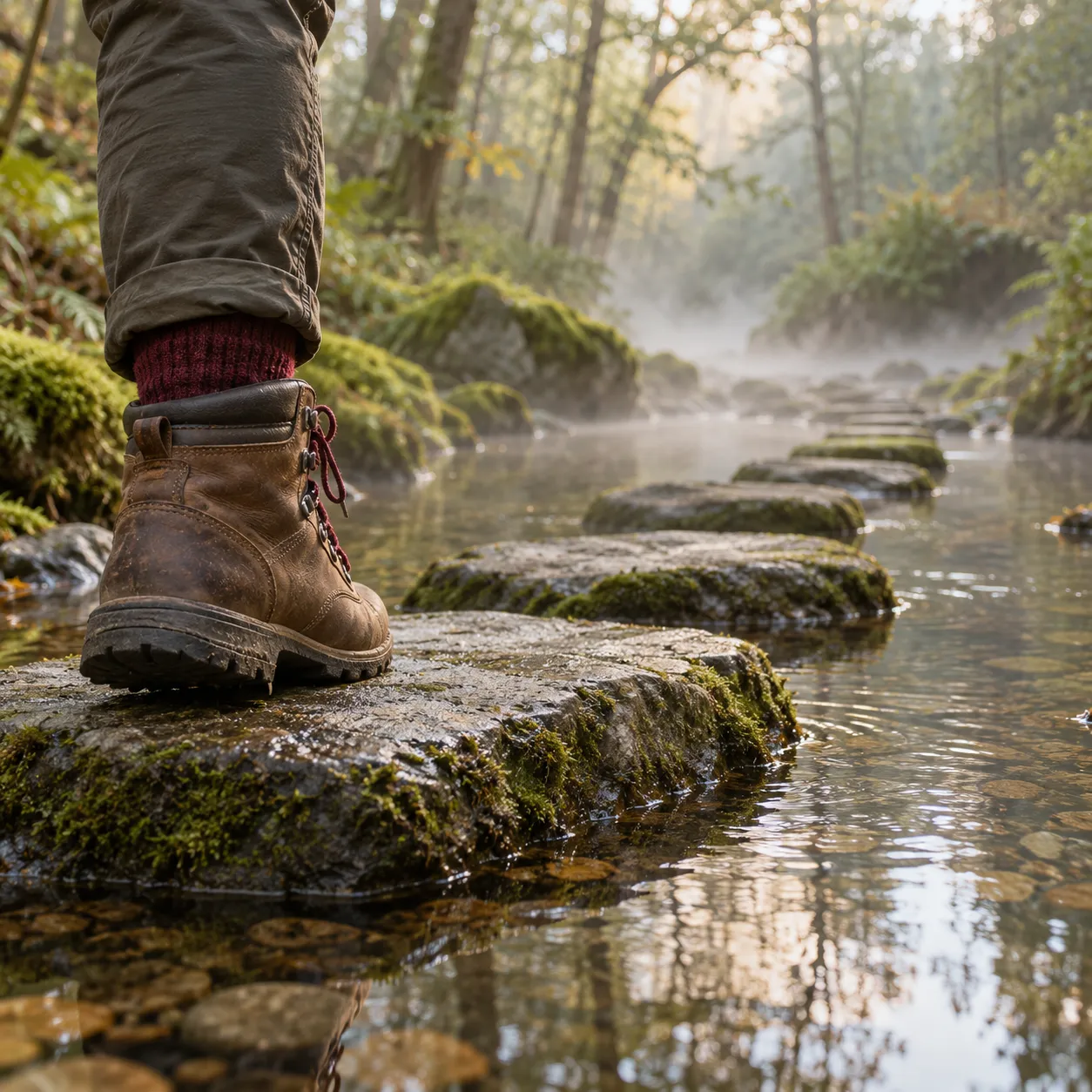 Wanderschuh auf einem bemoosten Trittstein über einem Bach im Morgennebel – Programm Sanft ins Tun, Schritt für Schritt in die Umsetzung
