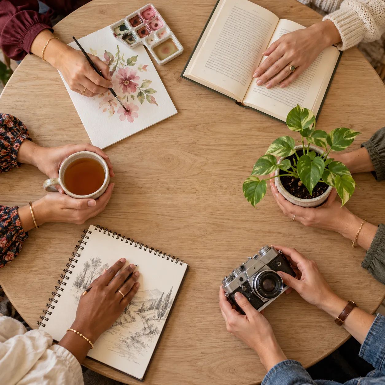 Sechs Frauen an einem runden Tisch mit Aquarell, Buch, Tee, Pflanze, Skizzenbuch und Kamera – Gruppenprogramm Scanner-Kreis für Vielbegabte