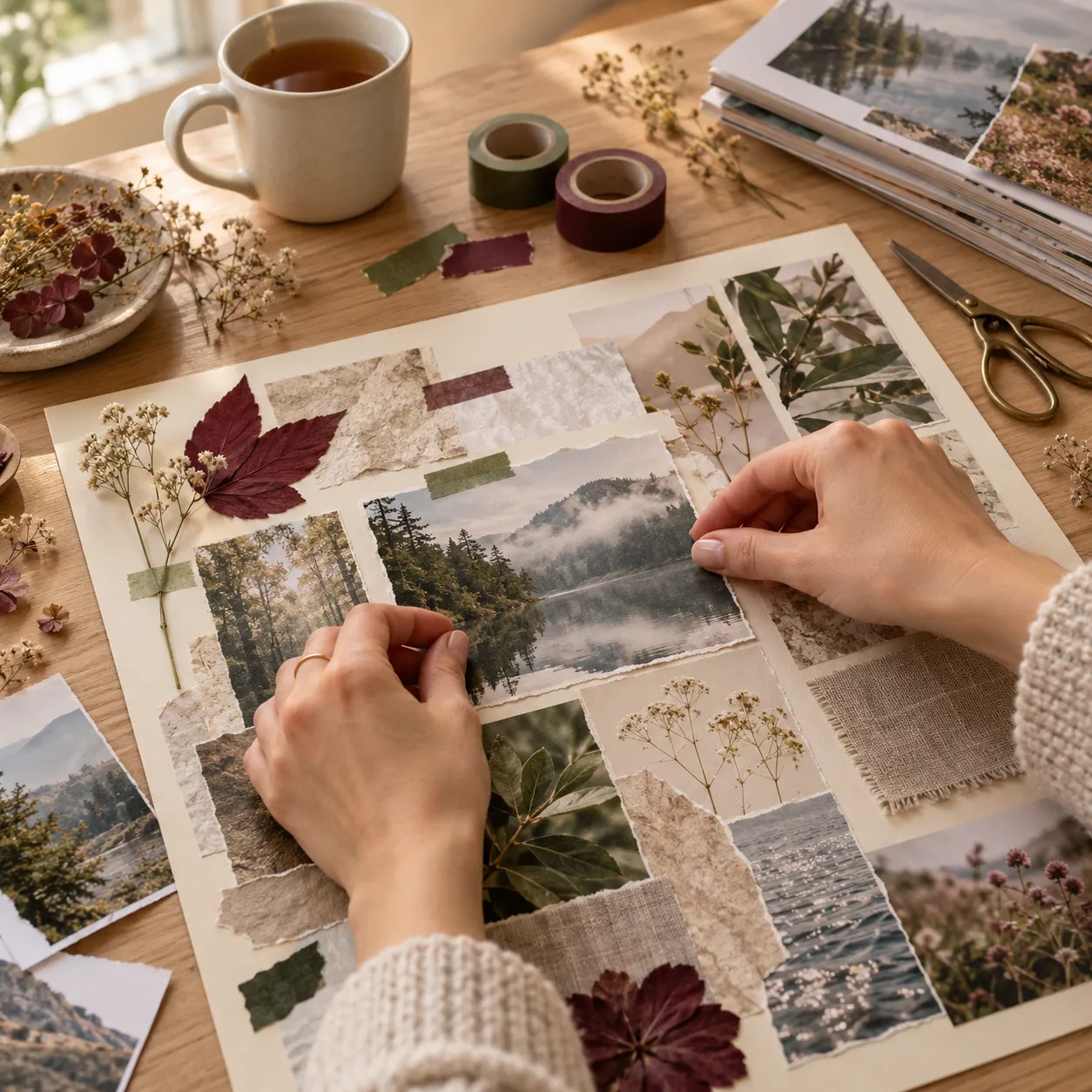 Hände gestalten ein Vision-Board aus Naturfotos, getrockneten Blumen und Washi-Tape – Vision-Board-Workshop