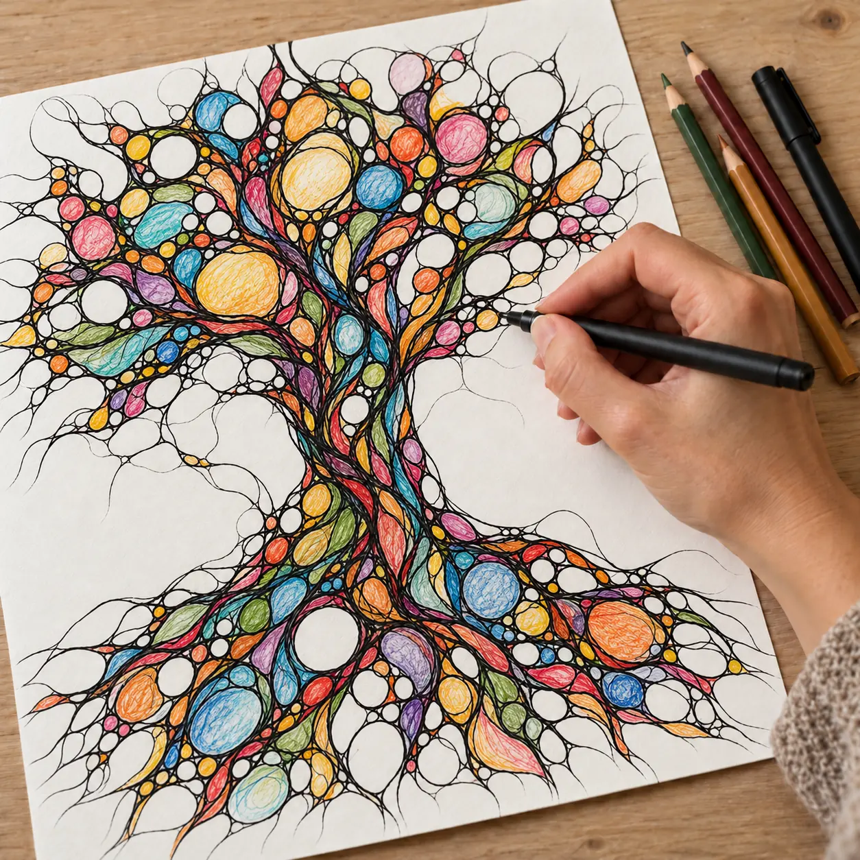 Hand zeichnet einen Baum in Neurographik-Linien mit Fineliner und Buntstiften – Workshop Neurobaum