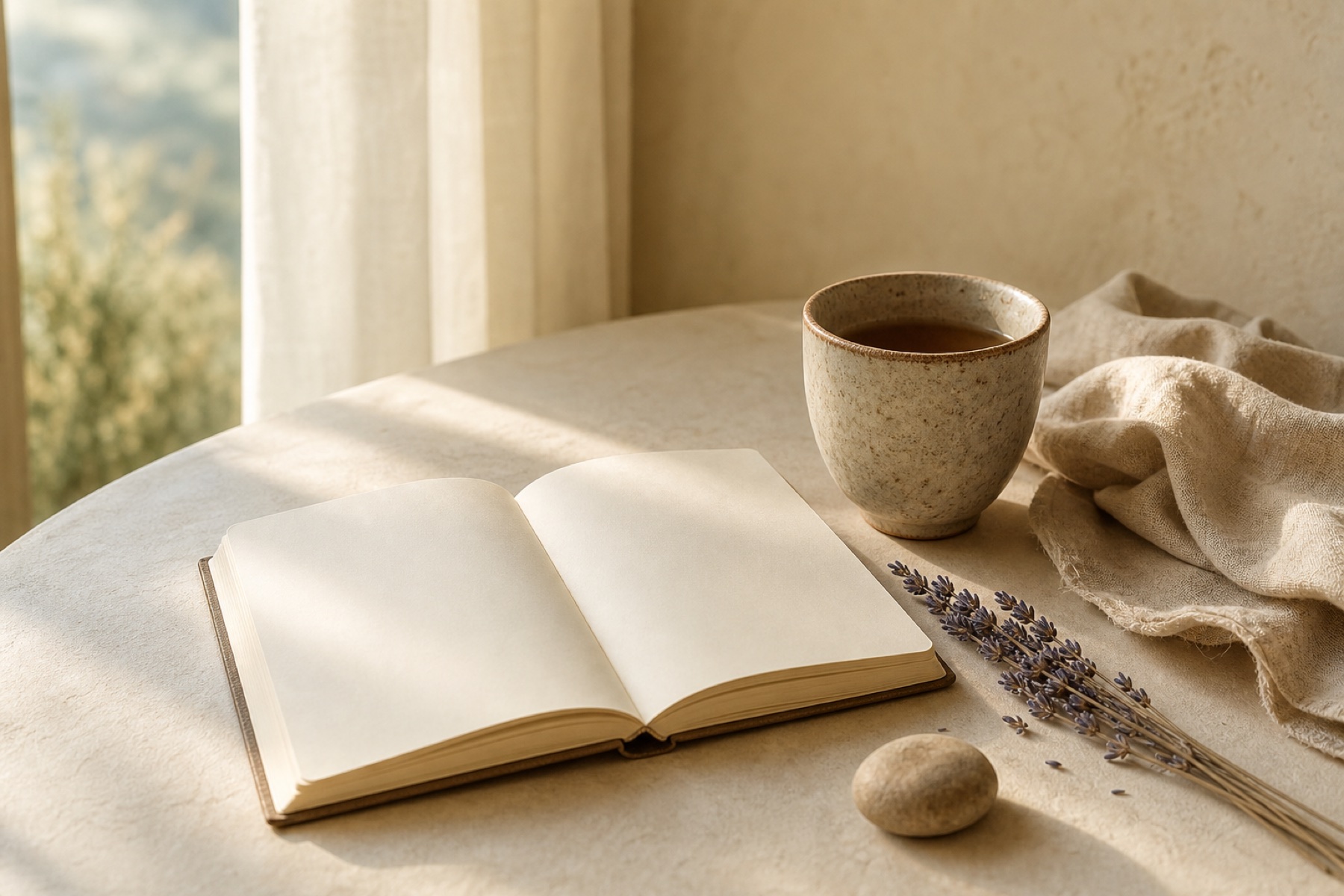 Offenes Notizbuch, Keramiktasse und Lavendel im warmen Morgenlicht