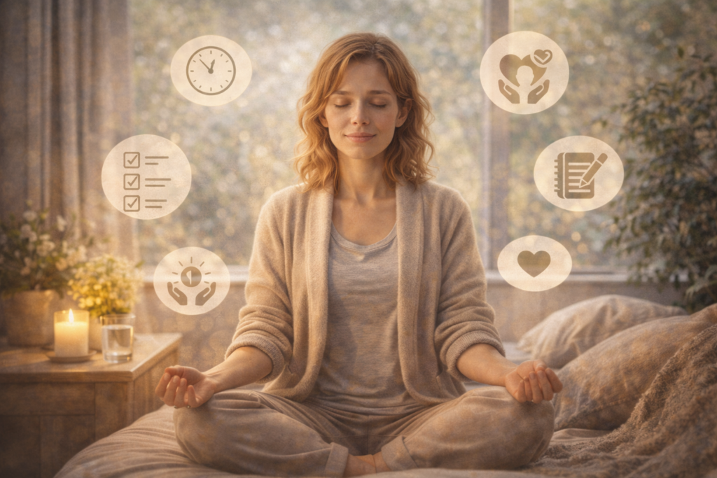 Eine Frau sitzt entspannt im Schneidersitz auf einem Bett oder Kissen am Fenster und meditiert mit geschlossenen Augen; neben ihr stehen eine Kerze und ein Glas Wasser, im Hintergrund sind ruhige Naturfarben zu sehen.