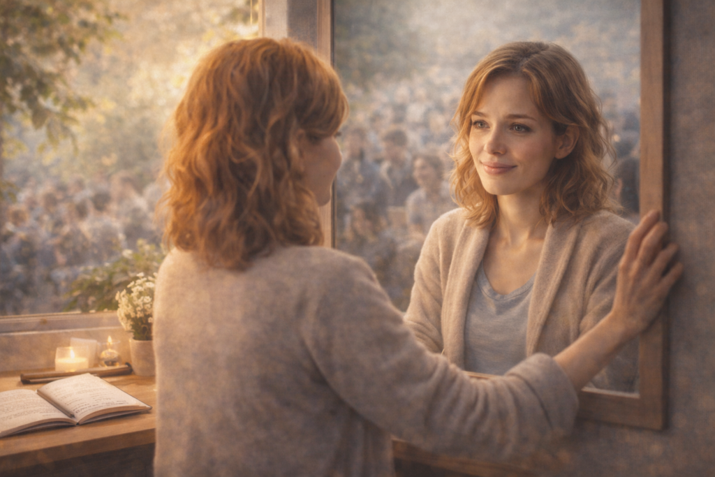 Eine Frau schaut ruhig in einen Spiegel und lächelt sanft; auf dem Tisch liegen ein geöffnetes Tagebuch und eine Kerze, draußen ist eine unscharfe Menschenmenge zu sehen.