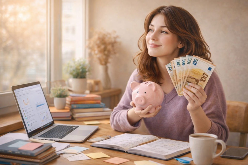 Frau am Schreibtisch mit Laptop, Sparschwein und Euro-Scheinen – passend zum Thema Geld und Selbstmarketing bei HSP.