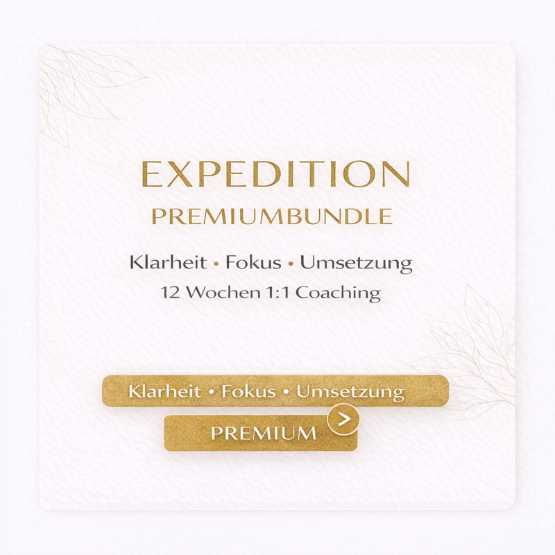 Covergrafik „Expedition Premiumbundle – 12 Wochen 1:1 Coaching“ auf hellem, minimalistischen Hintergrund.