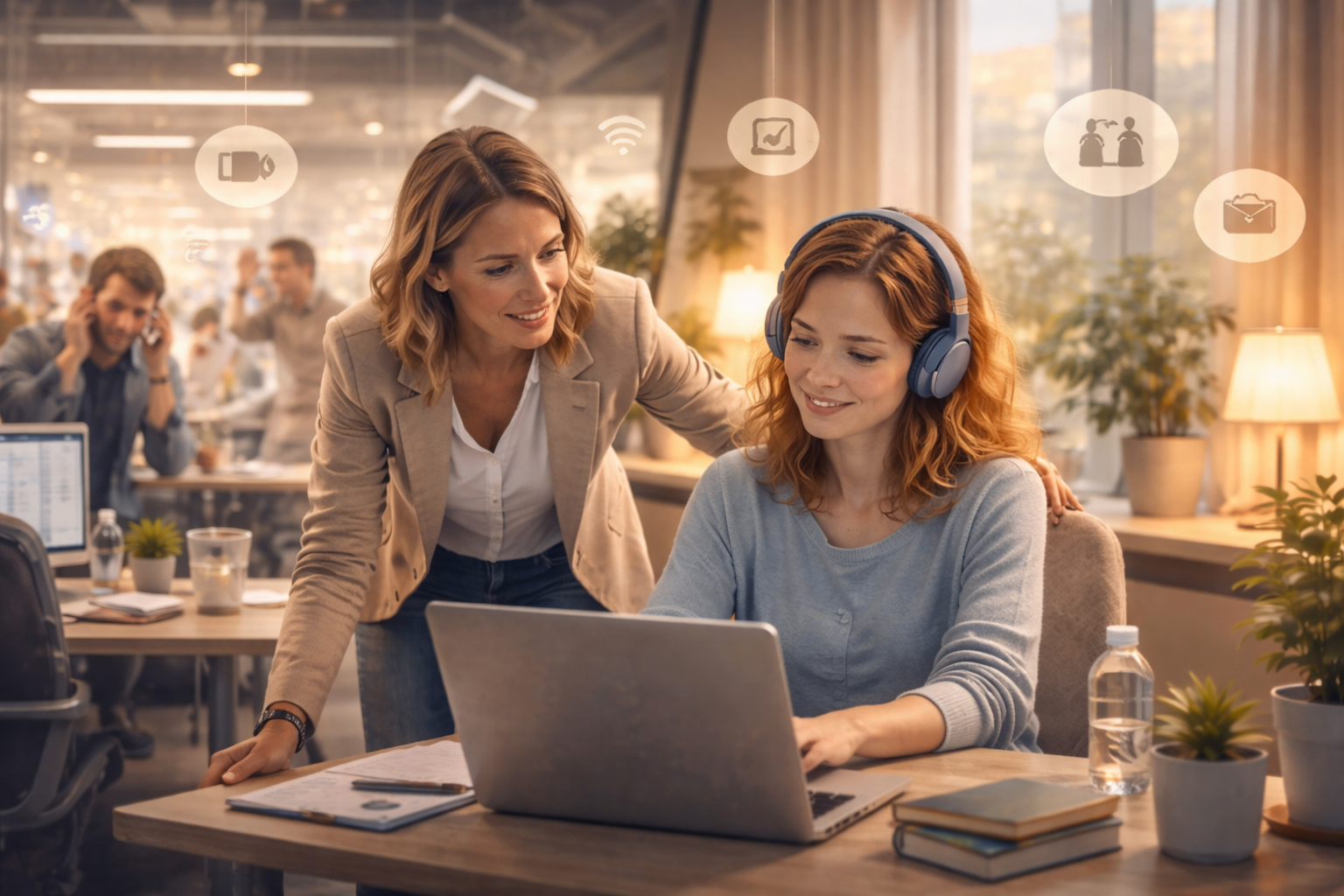 Eine Führungskraft spricht unterstützend mit einer Mitarbeiterin am Laptop; die Szene zeigt eine ruhige Arbeitsatmosphäre trotz belebtem Büro im Hintergrund.