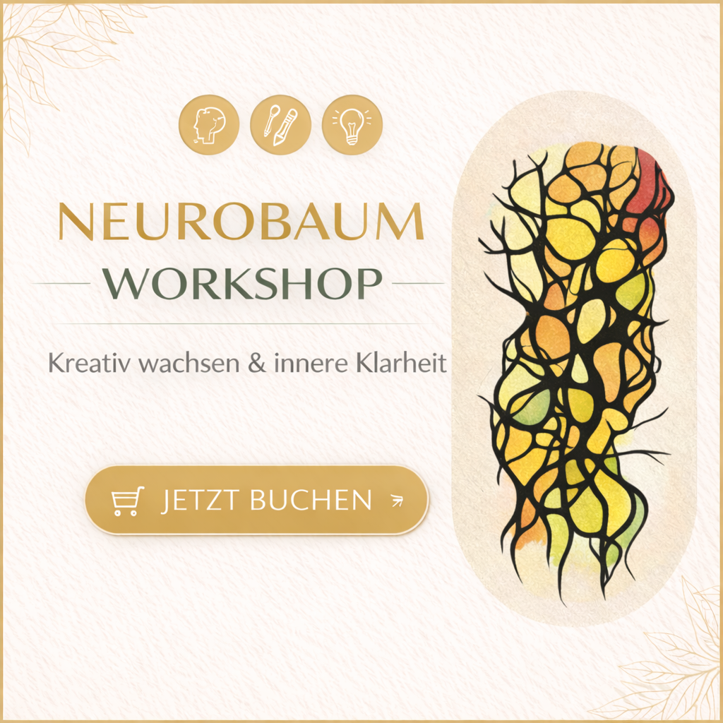 Quadratisches Shopbild zum Neurobaum-Workshop mit hellem Hintergrund, botanischen Linien, farbigem Neurobaum-Motiv und Button „Jetzt buchen“.