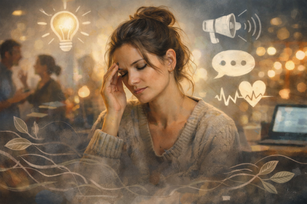 Nachdenkliche Frau in warmer Lichtstimmung, umgeben von angedeuteten Symbolen für Reize, Gespräche und innere Wahrnehmung.