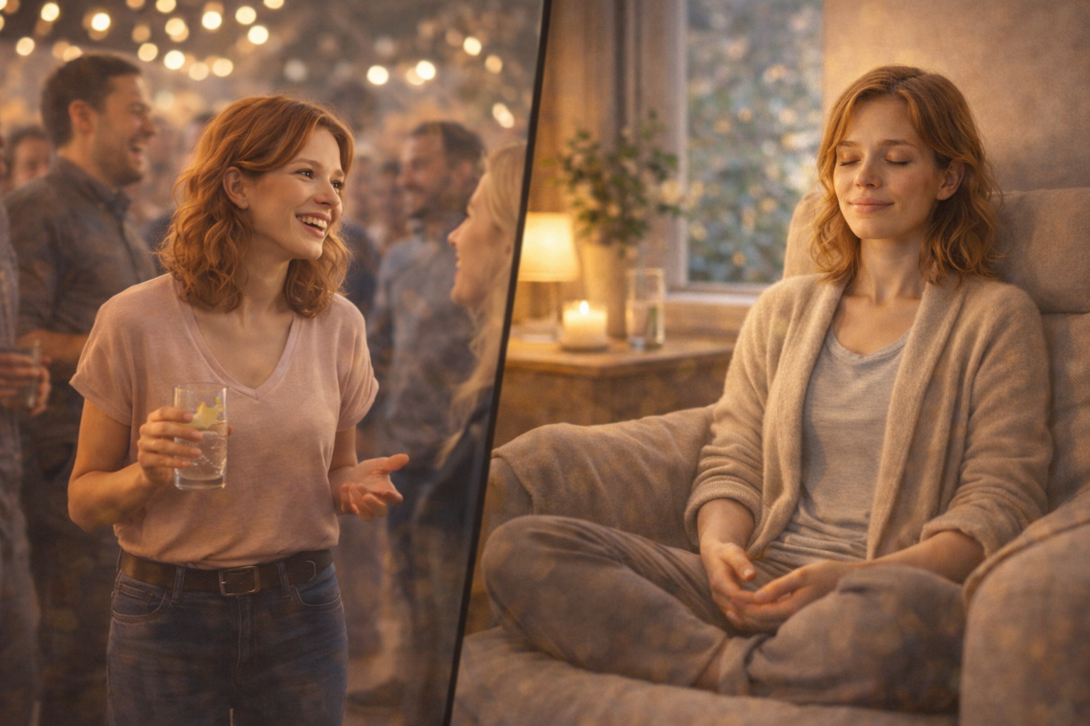 Geteiltes Bild: Links steht eine rothaarige Frau auf einer Party und unterhält sich lächelnd in einer Gruppe; rechts sitzt sie zu Hause entspannt in einem Sessel mit geschlossenen Augen und wirkt ruhig und erholt.