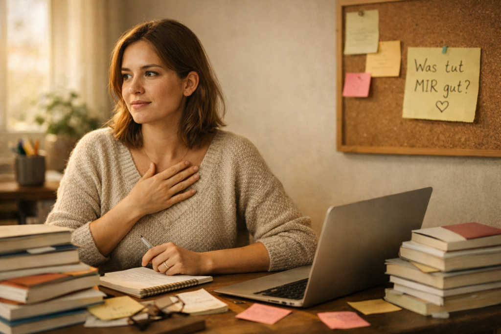 Junge Frau sitzt am Schreibtisch mit Laptop, Notizbuch und Bücherstapeln; sie legt eine Hand auf die Brust und blickt nachdenklich zur Seite. Am Pinnboard hängt ein Zettel mit der Frage „Was tut MIR gut?“.