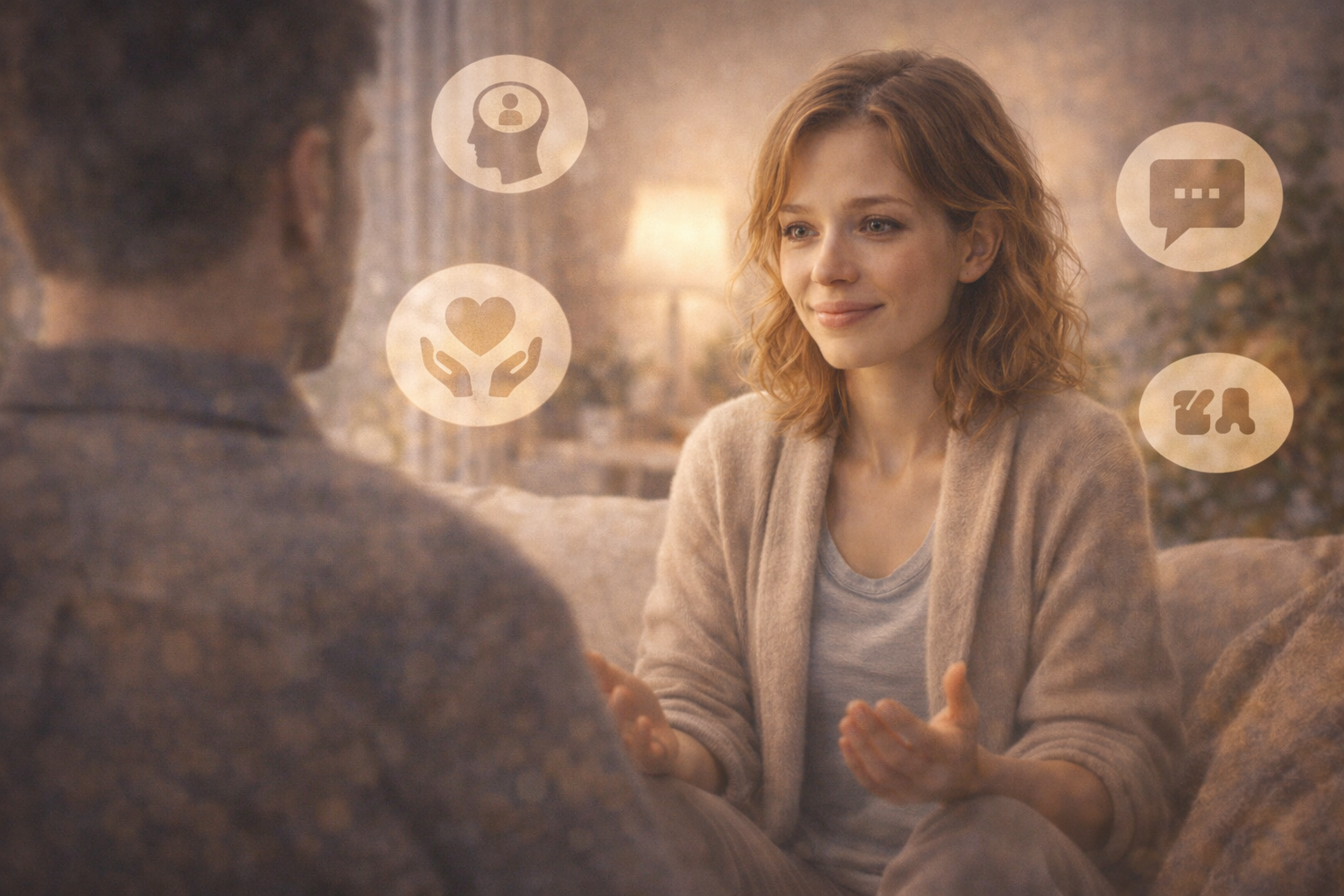 Eine Frau sitzt in einer ruhigen Umgebung und spricht einfühlsam mit einem Mann, der mit dem Rücken zur Kamera sitzt; sie lächelt leicht und gestikuliert, im Hintergrund ist warmes Licht zu sehen.