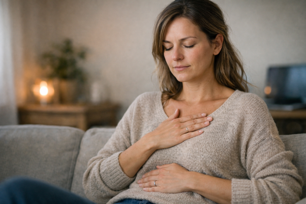 Junge Frau sitzt in einem hellen Flur, mit geschlossenen Augen auf dem Sofa und legt eine Hand auf ihre Brust, als würde sie in ihren Körper hineinspüren – Symbol für den Konflikt zwischen Kopf und Körper bei sensiblen Menschen.