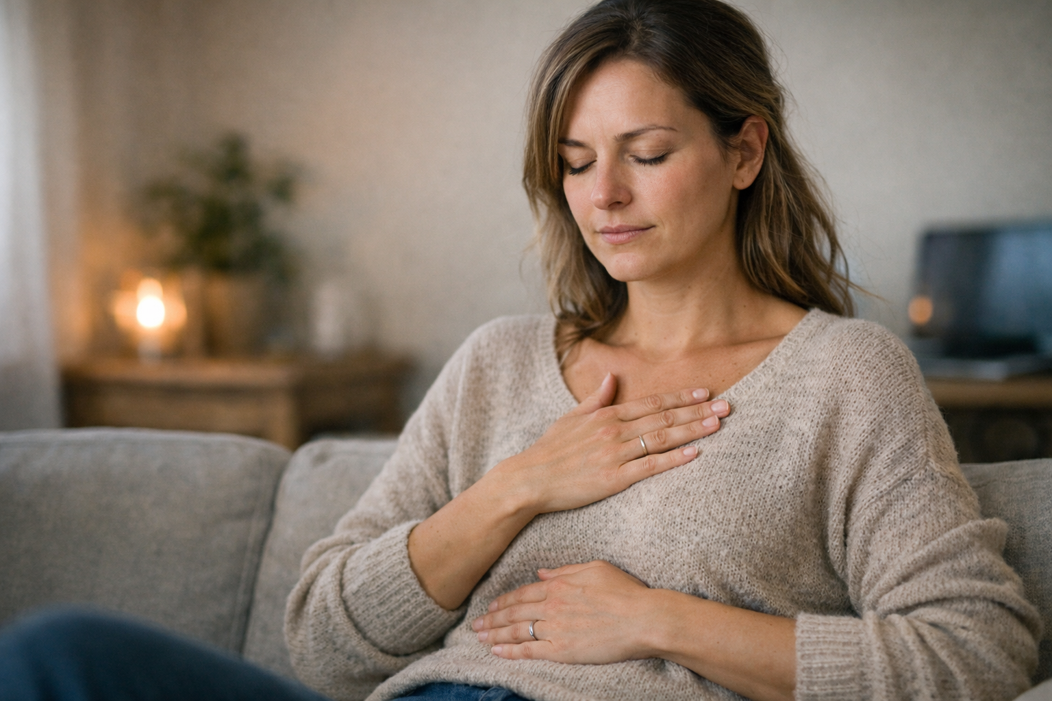 Junge Frau sitzt in einem hellen Flur, mit geschlossenen Augen auf dem Sofa und legt eine Hand auf ihre Brust, als würde sie in ihren Körper hineinspüren – Symbol für den Konflikt zwischen Kopf und Körper bei sensiblen Menschen.