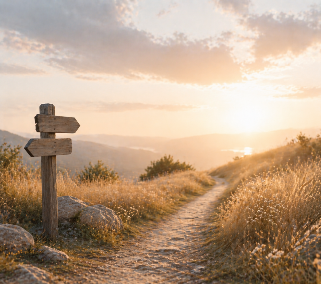 Ein ruhiger Naturweg im warmen Abendlicht mit Wegweiser – symbolisiert Orientierung, Entscheidung und Aufbruch.