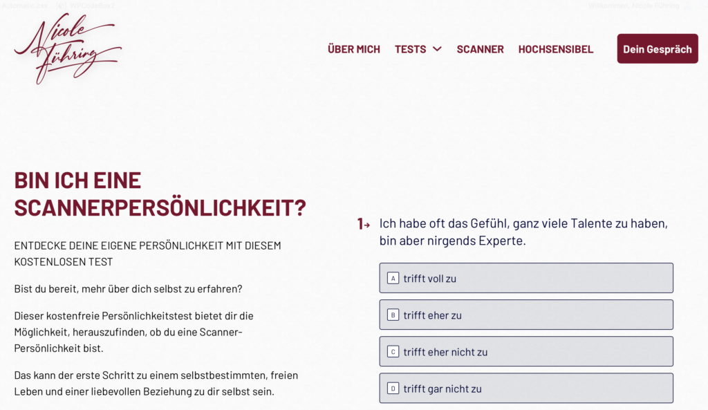 Screenshot der Website von Nicole Führing, die den kostenlosen Scanner-Persönlichkeitstest zeigt.