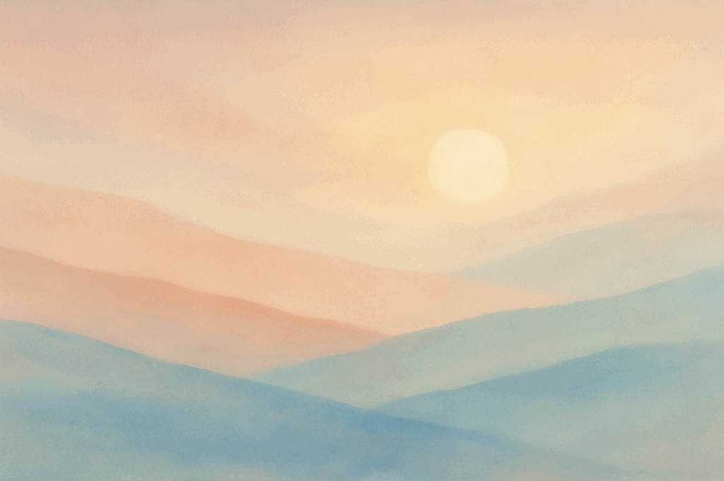 Sanftes, abstraktes Landschaftsbild mit weichen Pastellfarben in Blau, Lavendel und Rosa, mit einem warmen Lichtstreifen am Horizont; das Bild vermittelt Ruhe und Geborgenheit.