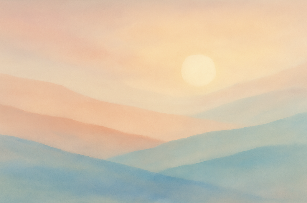 Sanftes, abstraktes Landschaftsbild mit weichen Pastellfarben in Blau, Lavendel und Rosa, mit einem warmen Lichtstreifen am Horizont; das Bild vermittelt Ruhe und Geborgenheit.