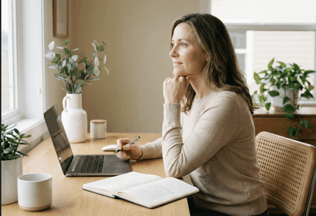 Nachdenkliche Frau sitzt im Homeoffice an einem Schreibtisch mit Laptop und Notizbuch, schaut aus dem Fenster und plant ihre nächsten beruflichen Schritte – Symbolbild für Orientierungsgespräche und berufliche Neuorientierung.