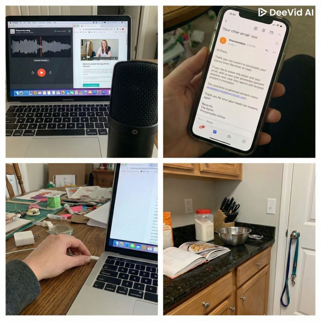 Aber vielleicht hilft ja eine Beschreibung meiner alltäglichen Situation:Stell dir vor, ich bin am Vorbereiten in meiner Podcastfolge und muss etwas im Internet recherchieren. Beim Öffnen des Browsers werden die häufig besuchten Websites angezeigt. Ich mache gerade verschiedene Kurse und werde wieder auf das Fenster von dem Anbieter aufmerksam. Bevor ich es vergesse, erledige ich dort noch schnell ein paar Lektionen. Parallel erreicht mich eine Email, die mich daran erinnert, dass ich noch eine Interviewanfrage beantworten wollte. Da kurz hineingeschaut. In dem Moment sagt der Akku meines Laptops Achtung! Ich gehe in den Stromsparmodus. Also erst mal das Ladekabel raussuchen. Auf dem Weg zum Ladekabel komme ich an meiner Bastelecke vorbei und erinnere mich, dass ich da noch einige unvollendete Projekte bereitliegen habe. Kurz überlegt, fange ich jetzt an. Bei einem Blick auf die Uhr fällt mir dann auf, dass auch bald Zeit für die große Hunde-Runde ist. Also runter vom Büro in die Küche, da hängt Almas Leine und auf dem Tisch liegt das neue Brotbackbuch aufgeschlagen. Da kann ich doch vor dem Gang noch schnell den Teig für das Brot ansetzen, das ich schon die ganze Zeit versuchen wollte usw. und so fort.