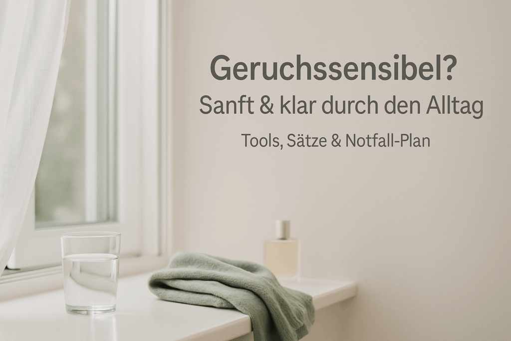 Helles Zimmer mit offenem Fenster; auf der Fensterbank stehen ein Glas Wasser, ein salbeigrüner Schal und eine kleine Parfümflasche – Symbol für eine sanfte, duftarme Umgebung.
