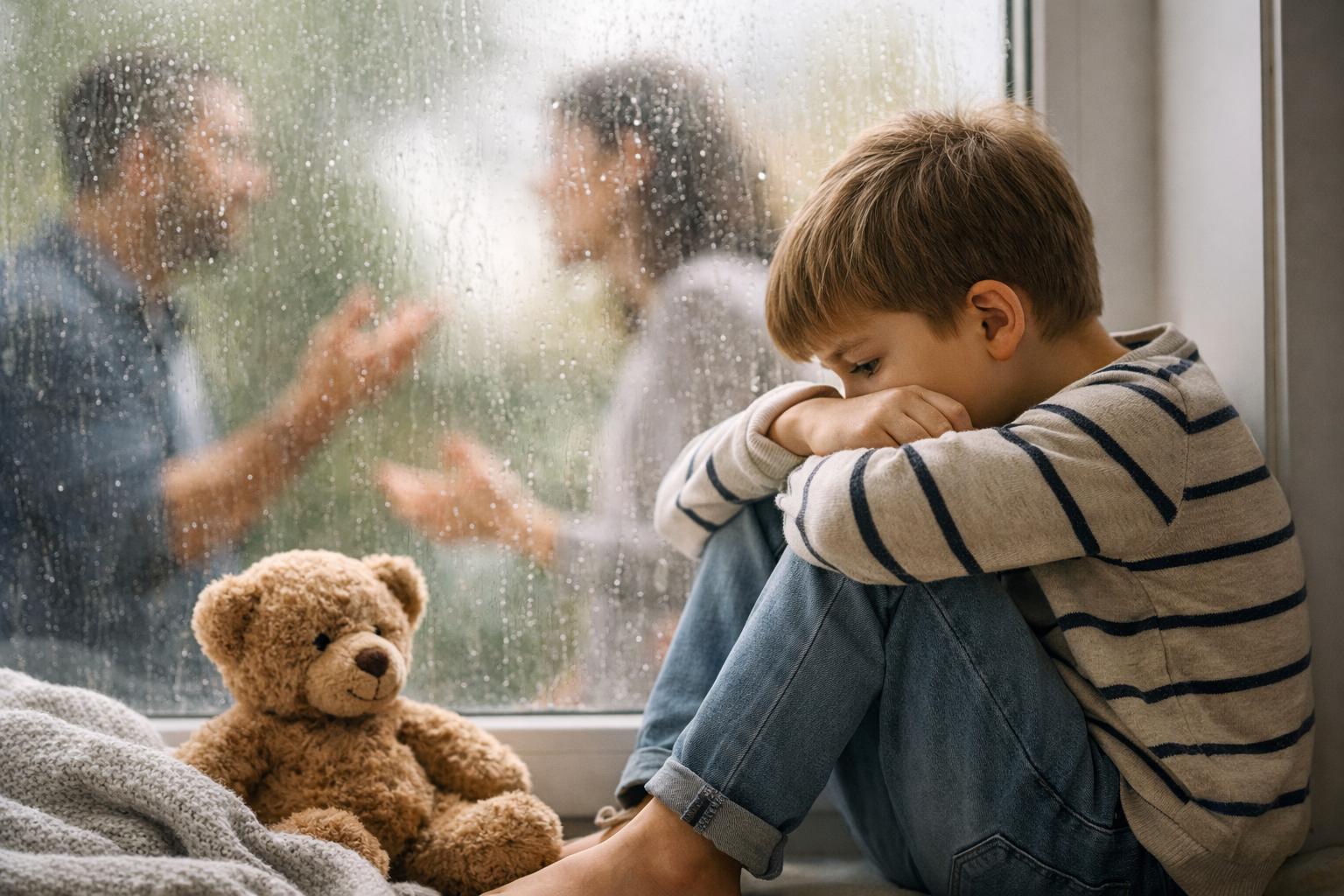 Nachdenkliches Kind sitzt am Fenster mit einem Stofftier, während Eltern im Hintergrund diskutieren – Symbolbild für ein hochsensibles Kind, das Stimmungen und Konflikte intensiv wahrnimmt.