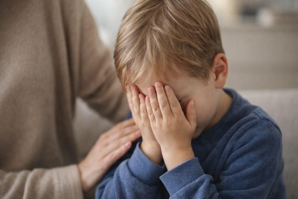 Junger Junge sitzt mit verdecktem Gesicht und wirkt emotional überfordert, während eine erwachsene Person ihm beruhigend die Hand auf die Schulter legt – ein Symbol für ein sensibles Nervensystem und unterstützende Begleitung.