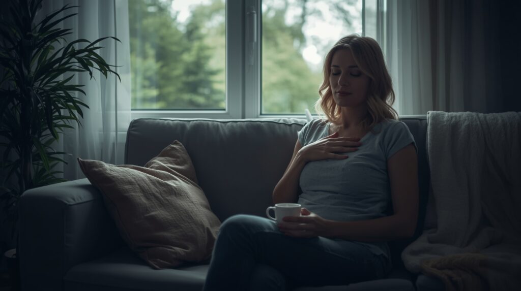 Eine Frau sitzt in einem hellen Raum am Fenster, hält sich sanft den Unterbauch und blickt nachdenklich nach unten. Neben ihr steht eine Tasse Tee. Das Bild symbolisiert sensible Tage im Zyklus und liebevolle Selbstfürsorge.