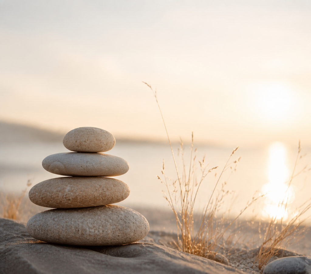 Sanfte, warme Szene mit ruhiger Atmosphäre, die ein Gefühl von Entlastung und innerer Stabilität vermittelt.
