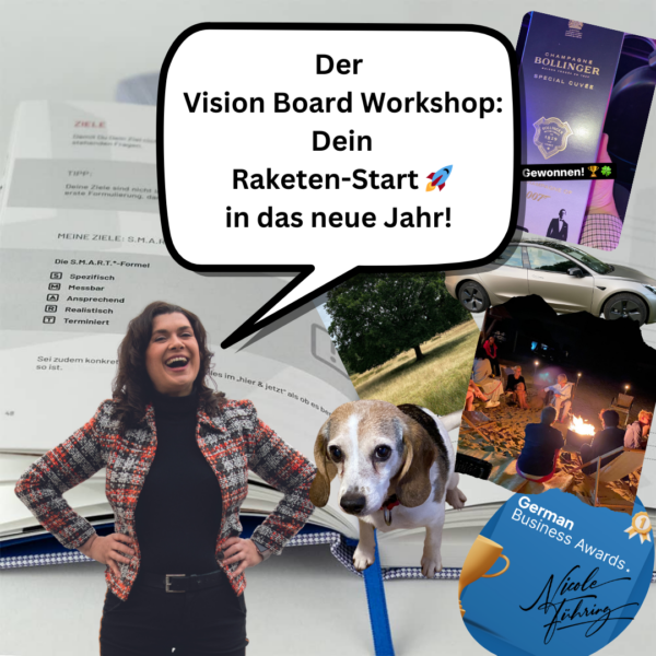 Collage mit Vision Board Elementen, inspirierenden Bildern und Trainerin – kreativer Start ins neue Jahr