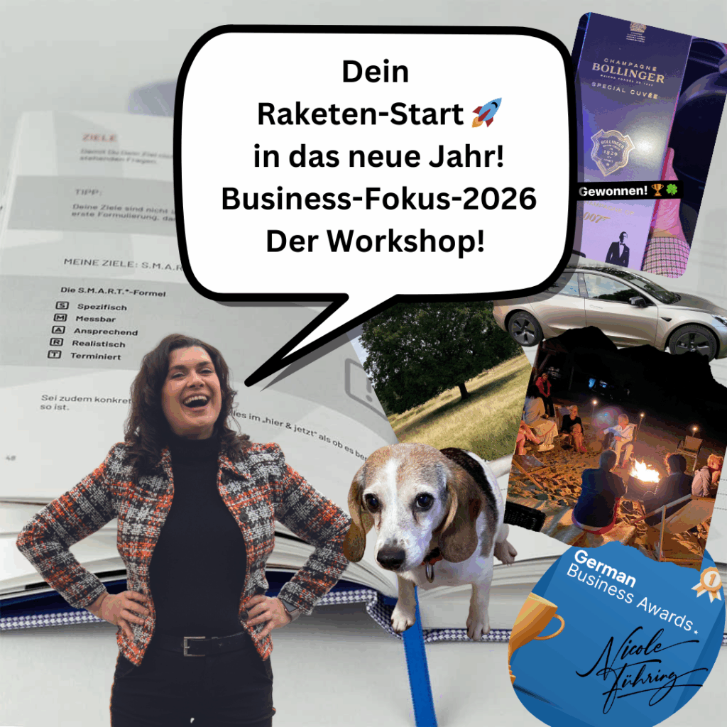 Collage mit Sprechblase „Business-Fokus 2026 Workshop“, Zielsetzungs-Workbook, lachender Frau, Beagle und Business-Alltag-Motiven.