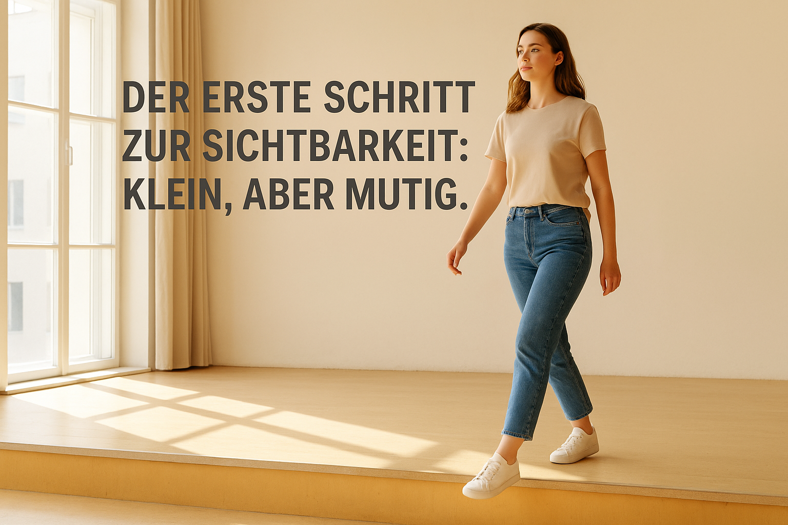 Junge Frau steht auf einer hellen Bühne und macht einen selbstbewussten Schritt nach vorn, symbolisch für Mut und Sichtbarkeit.