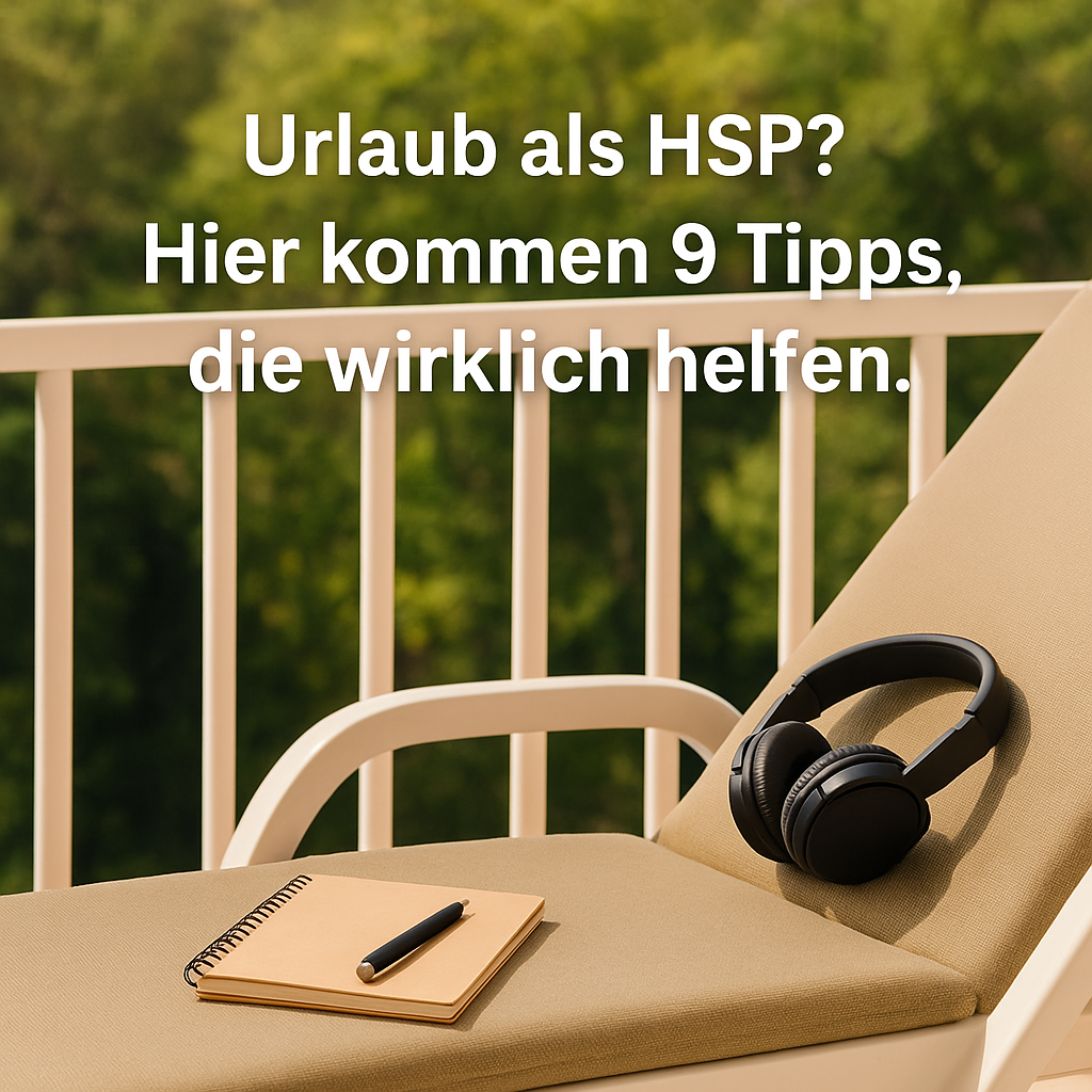 Lounge-Stuhl mit Kopfhörern und Notizbuch auf einem sonnigen Balkon – Symbol für Rückzug und Selbstfürsorge im Urlaub für Hochsensible.