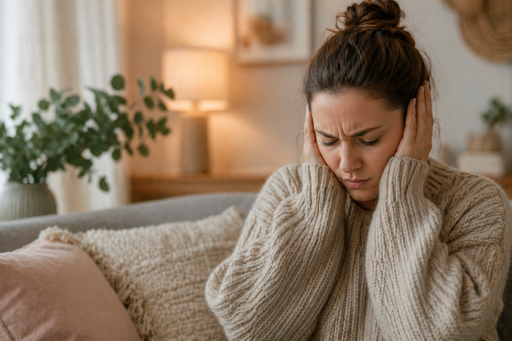 Frau sitzt auf einem Sofa in ruhiger Wohnumgebung und hält sich gestresst die Ohren zu, Ausdruck von Überforderung durch Geräusche und Reizüberflutung