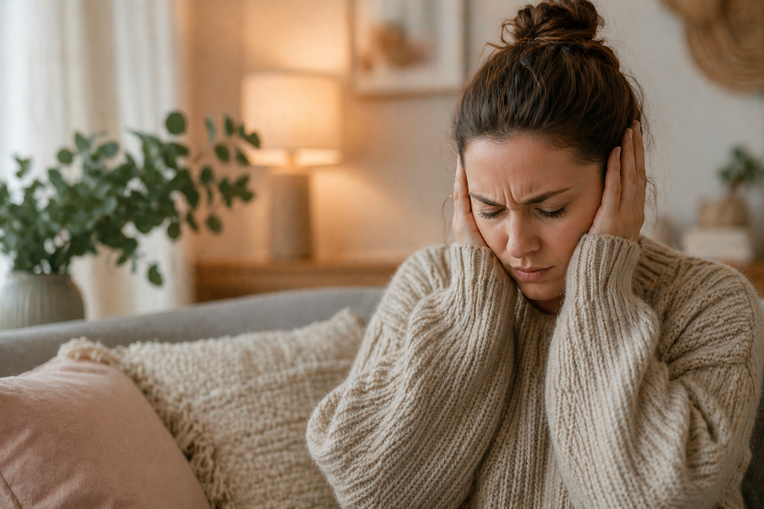 Frau sitzt auf einem Sofa in ruhiger Wohnumgebung und hält sich gestresst die Ohren zu, Ausdruck von Überforderung durch Geräusche und Reizüberflutung