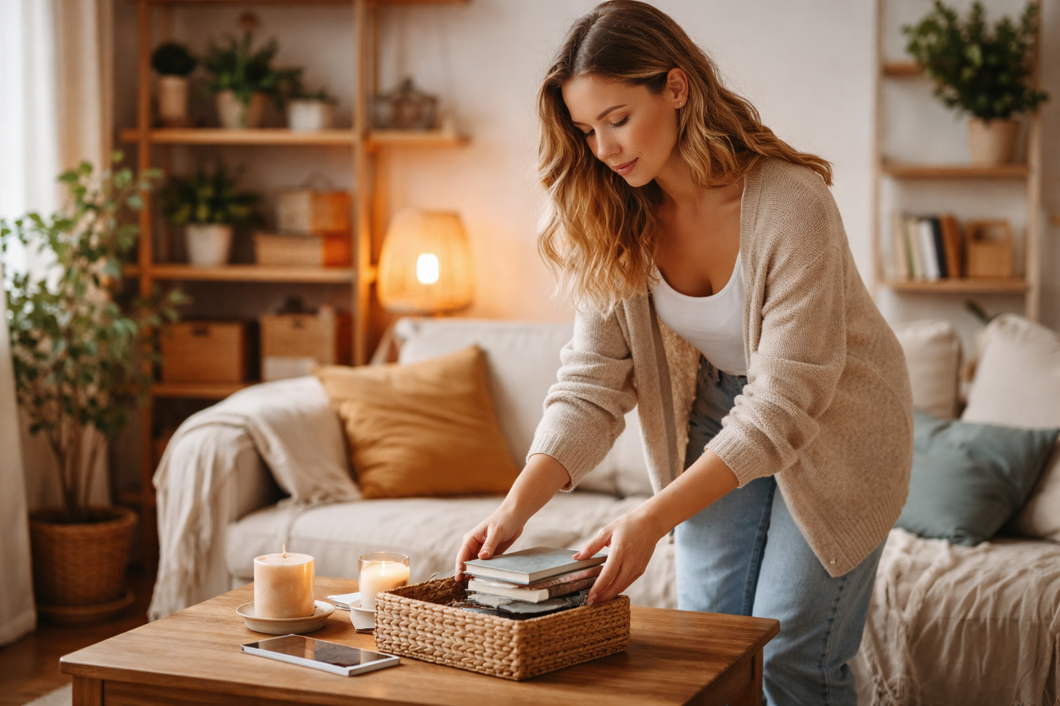 Junge Frau steht in einem aufgeräumten, hellen Wohnzimmer auf dem Sofa und sortiert ruhig einige Gegenstände in eine kleine Kiste – Symbolbild dafür, wie sensible Menschen in kleinen Schritten Ordnung schaffen, um ihren Kopf zu entlasten.